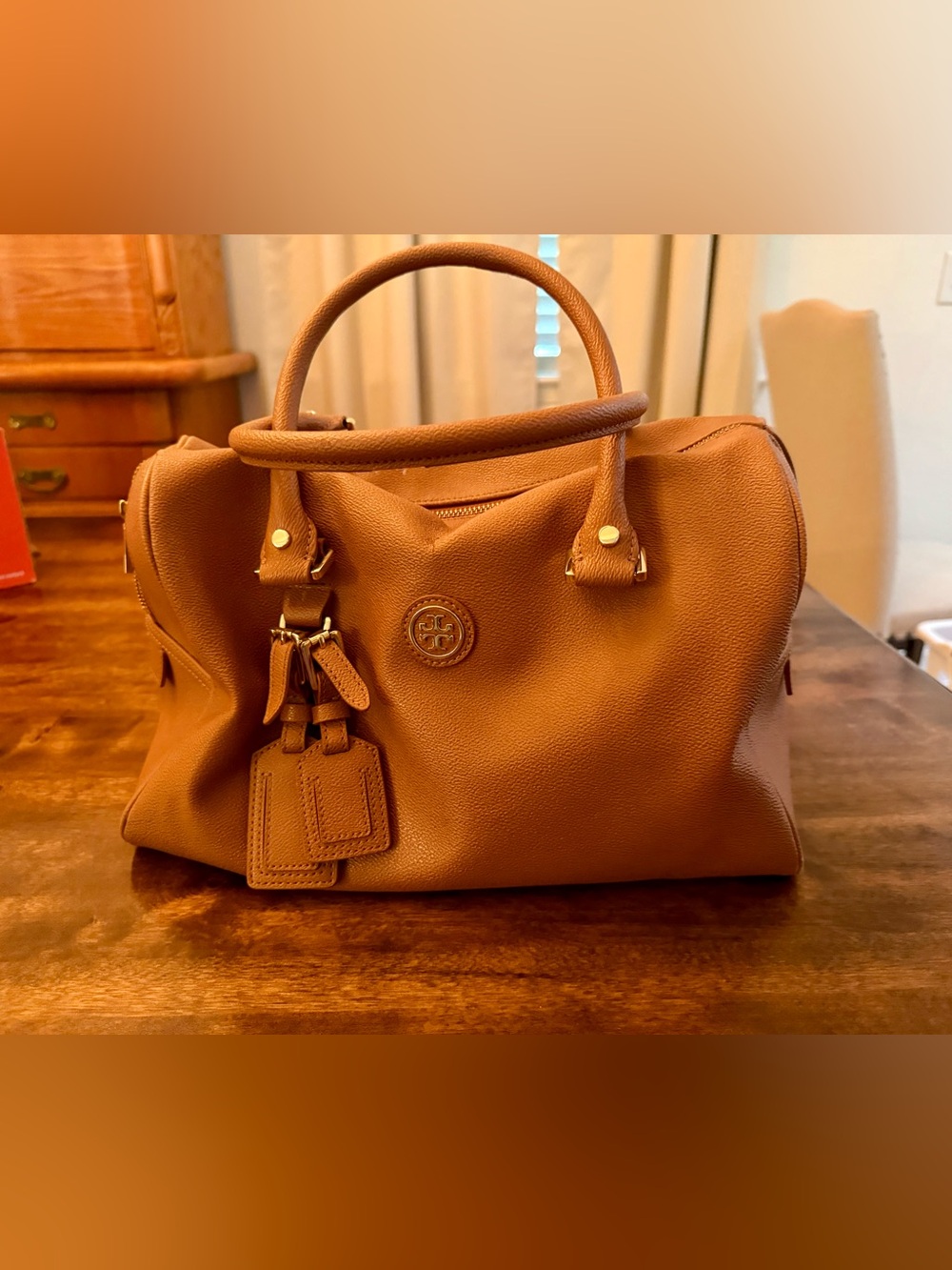 Tory Burch Tan Leather Satchel with Gold-Tone Logo